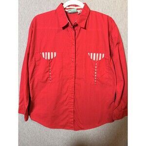 Center Aisle Women's Red Button Up Shirt Top M Cotton Blend Striped Pockets